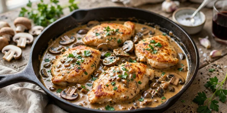 Creamy chicken marsala with golden chicken cutlets, mushrooms, and silky Marsala wine sauce in a skillet