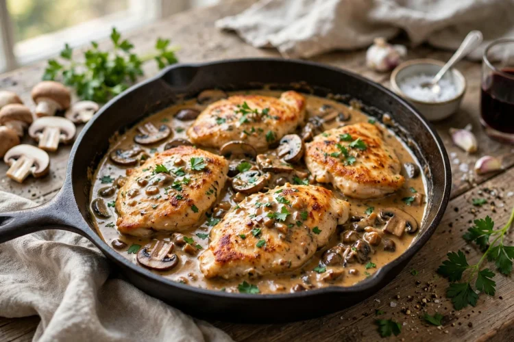 Creamy chicken marsala with golden chicken cutlets, mushrooms, and silky Marsala wine sauce in a skillet