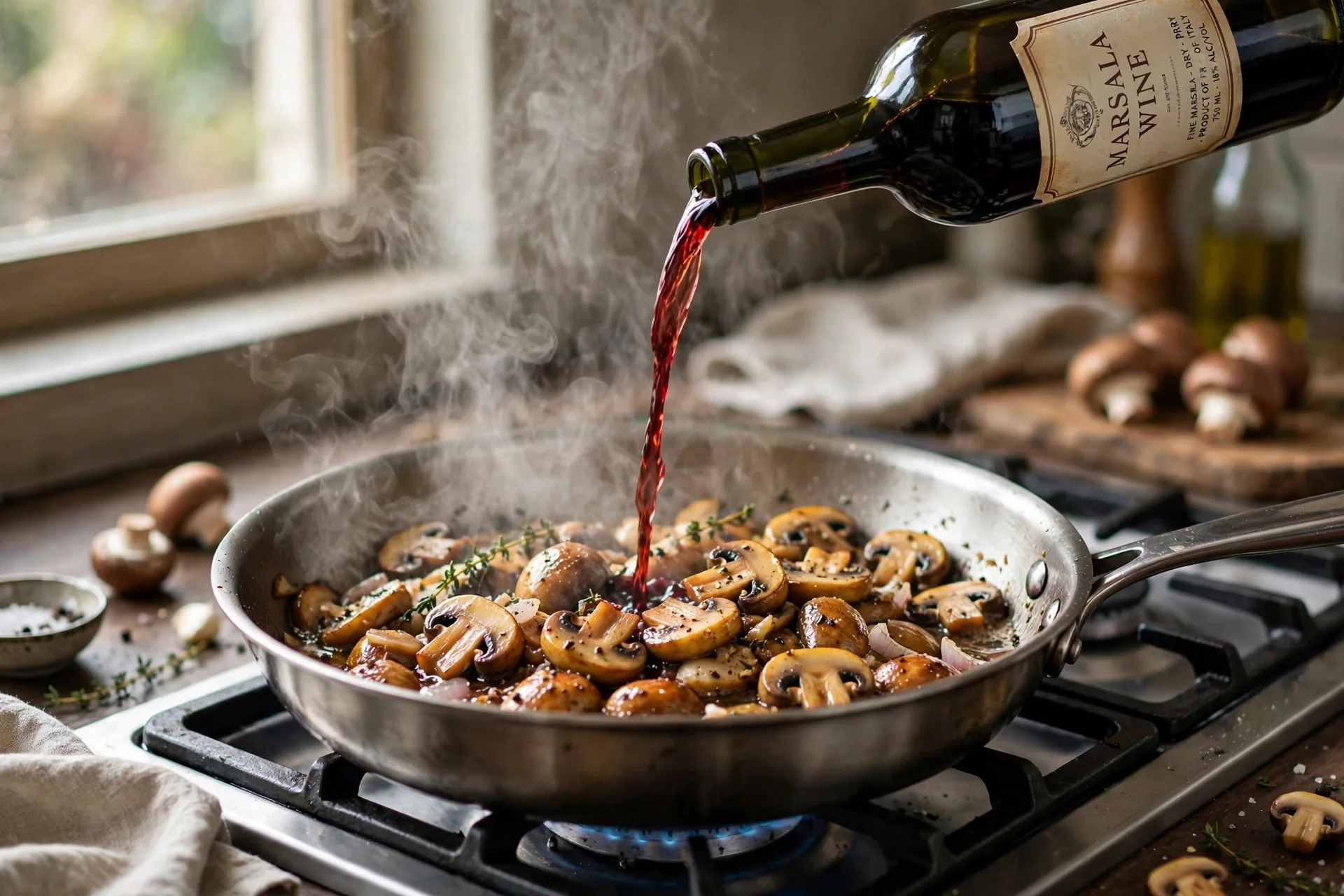 Marsala wine being poured into a skillet of golden mushrooms, steam rising