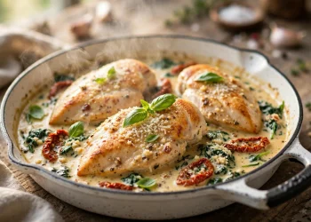 Creamy garlic Tuscan chicken with sun-dried tomatoes and spinach in a cast-iron skillet