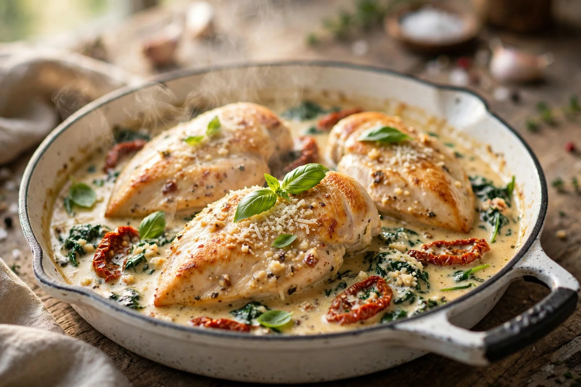 Creamy garlic Tuscan chicken with sun-dried tomatoes and spinach in a cast-iron skillet