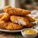 Golden crispy air fryer chicken tenders stacked on a plate with dipping sauces