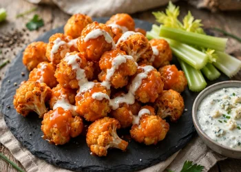 Crispy baked buffalo cauliflower bites glazed with buffalo sauce, drizzled with ranch, with celery and blue cheese dip