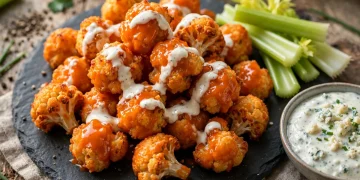 Crispy baked buffalo cauliflower bites glazed with buffalo sauce, drizzled with ranch, with celery and blue cheese dip