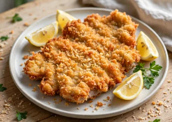 Crispy golden pork schnitzel with lemon wedges and fresh parsley on a plate