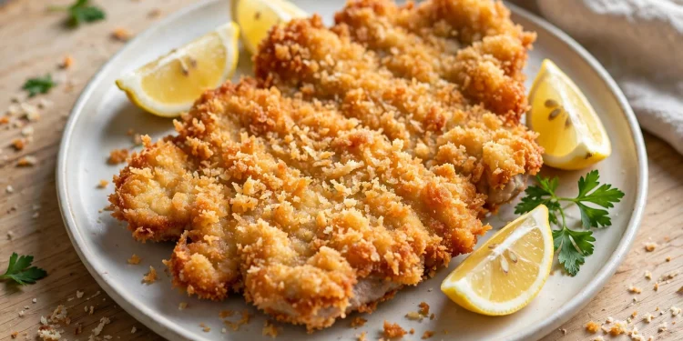 Crispy golden pork schnitzel with lemon wedges and fresh parsley on a plate