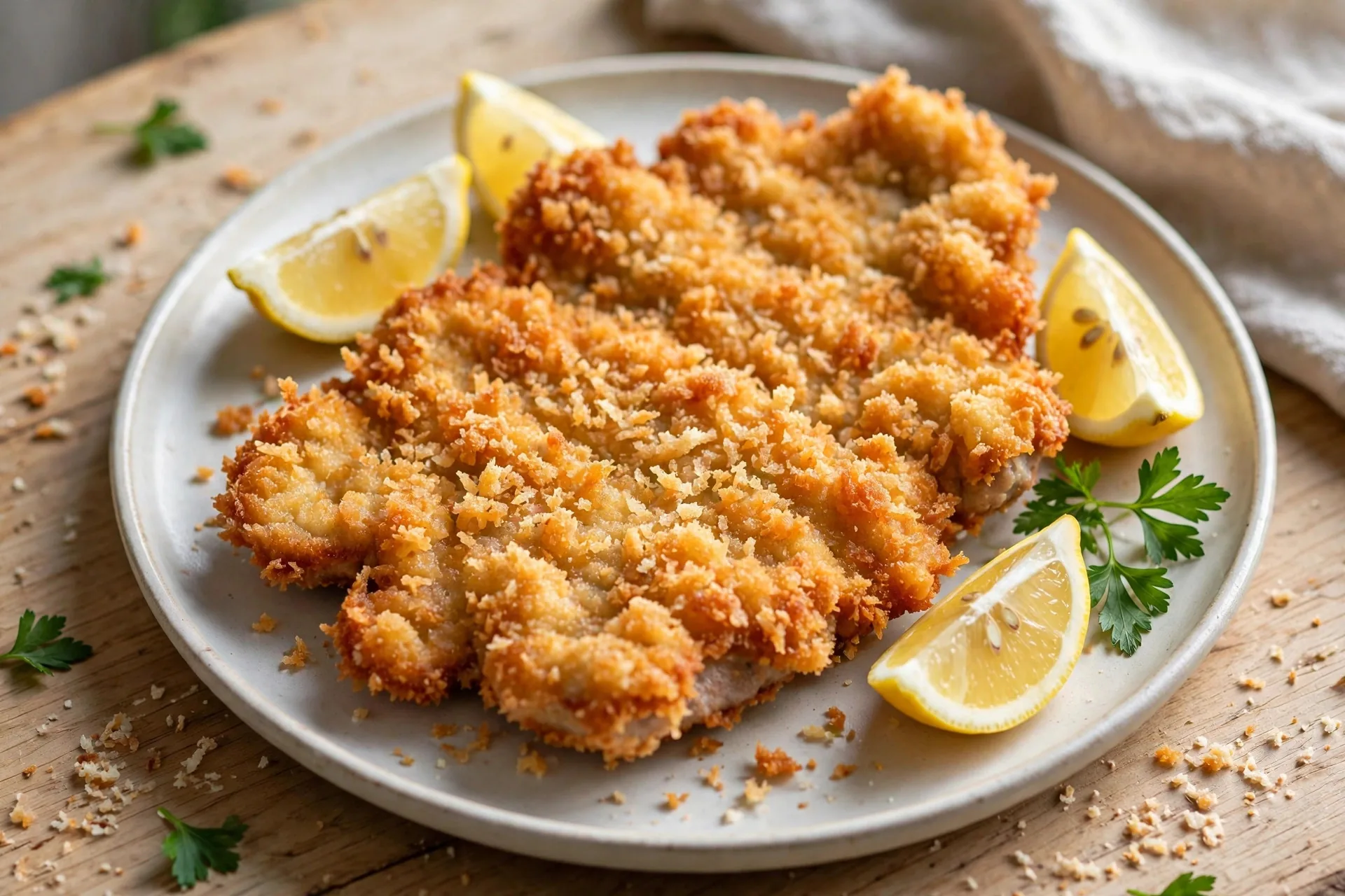 Crispy golden pork schnitzel with lemon wedges and fresh parsley on a plate