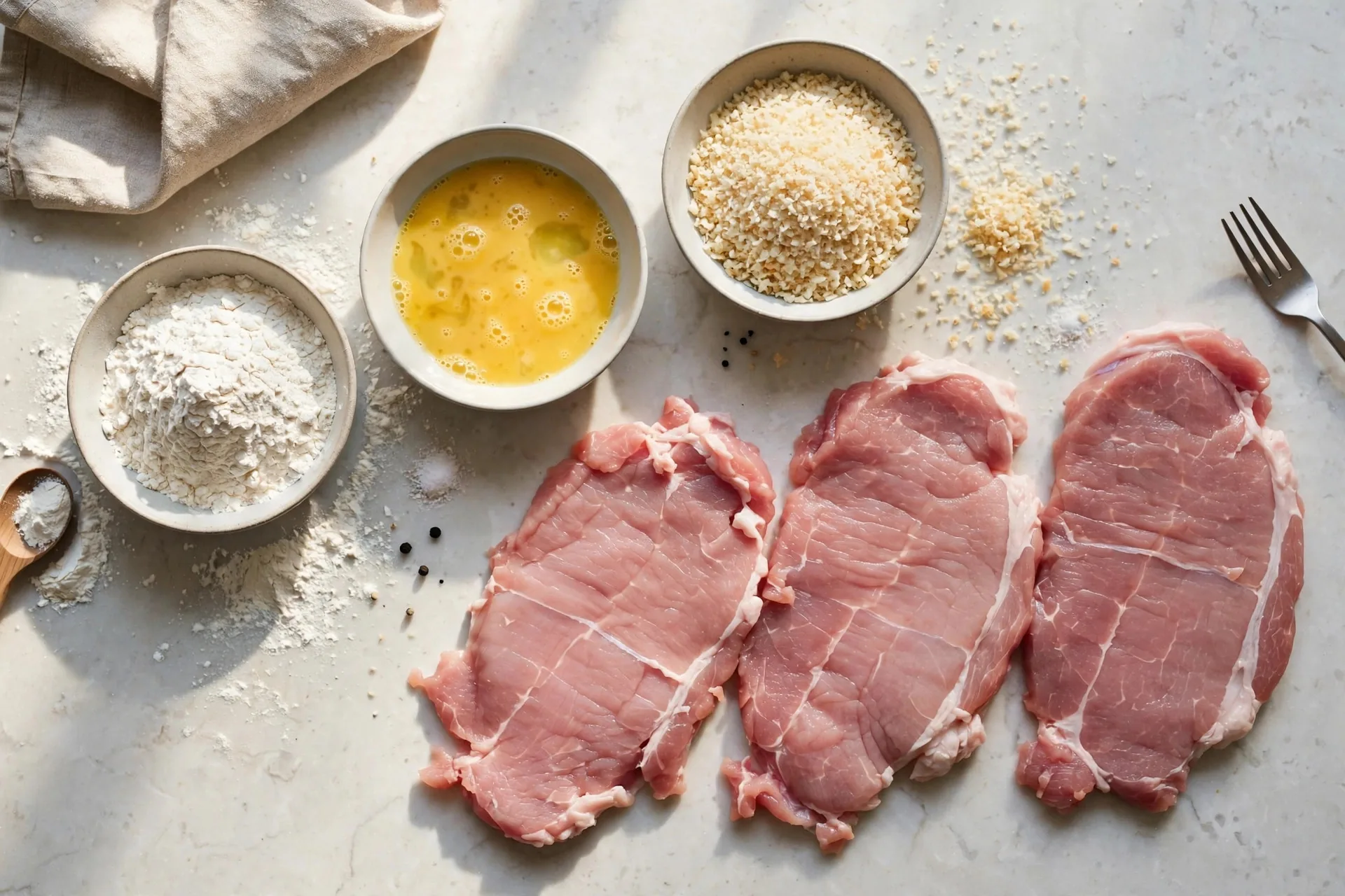 Raw pounded pork cutlets beside bowls of flour, beaten eggs, and panko breadcrumbs
