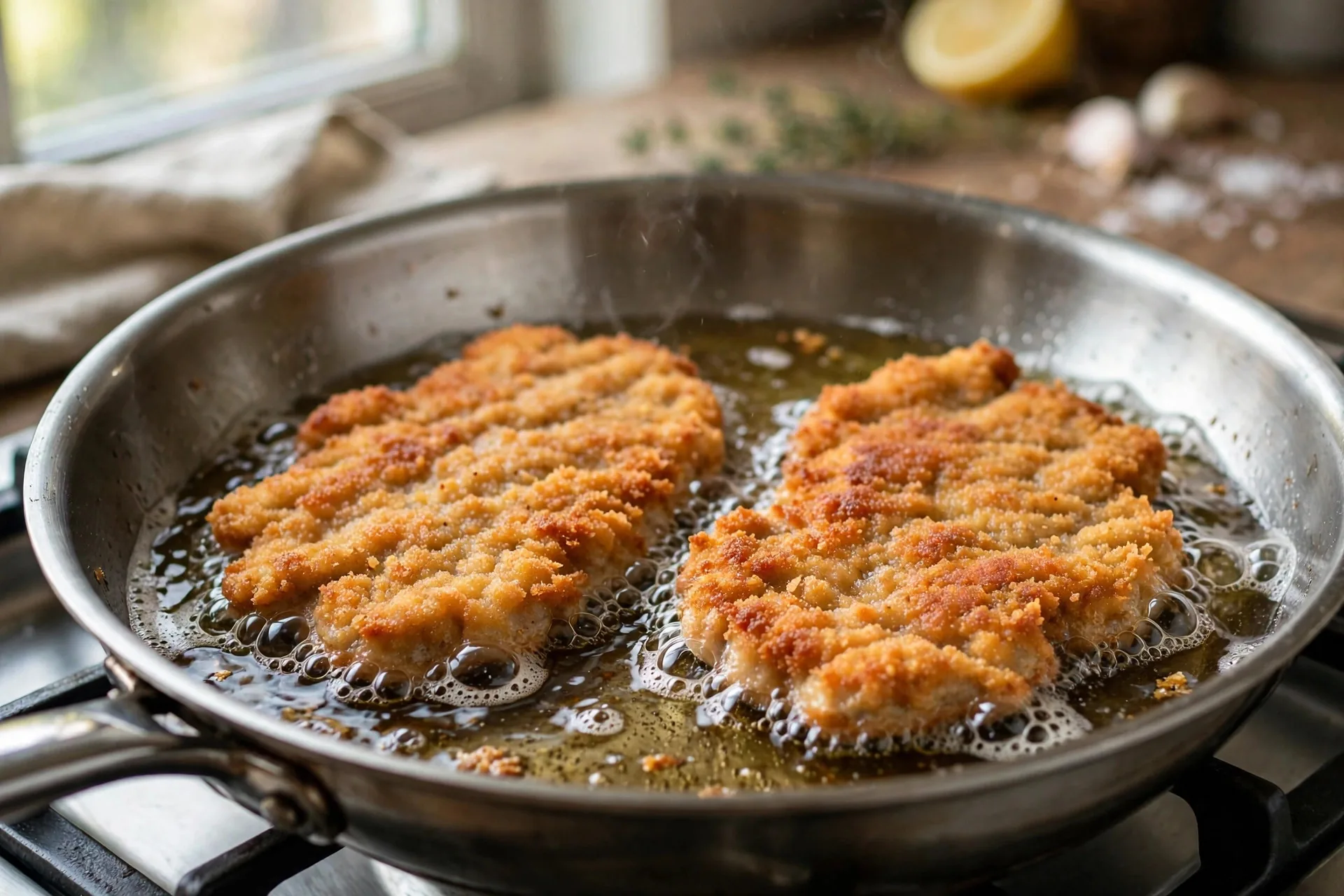 Pork schnitzel frying in a skillet, golden crust bubbling in hot oil