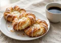 Golden flaky cream cheese danish pastries with vanilla glaze drizzle on a white plate with coffee