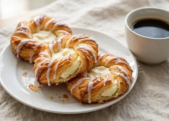 Golden flaky cream cheese danish pastries with vanilla glaze drizzle on a white plate with coffee