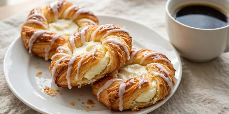 Golden flaky cream cheese danish pastries with vanilla glaze drizzle on a white plate with coffee