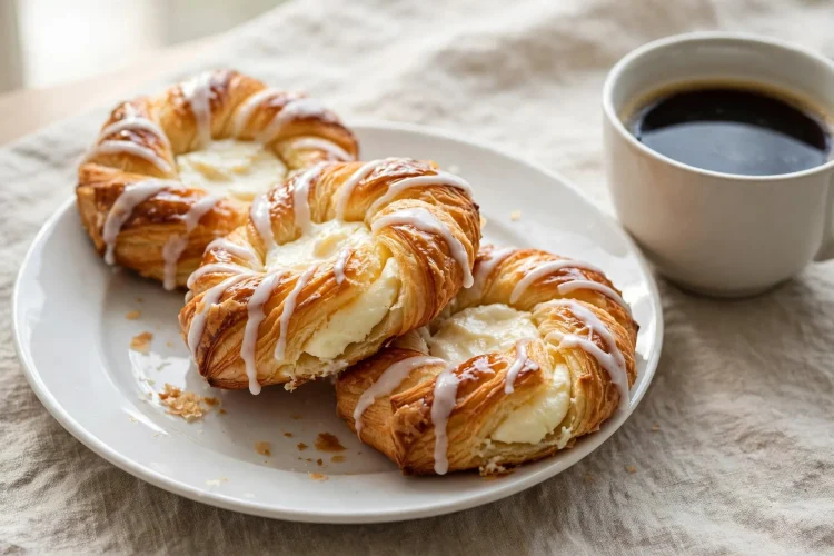 Golden flaky cream cheese danish pastries with vanilla glaze drizzle on a white plate with coffee
