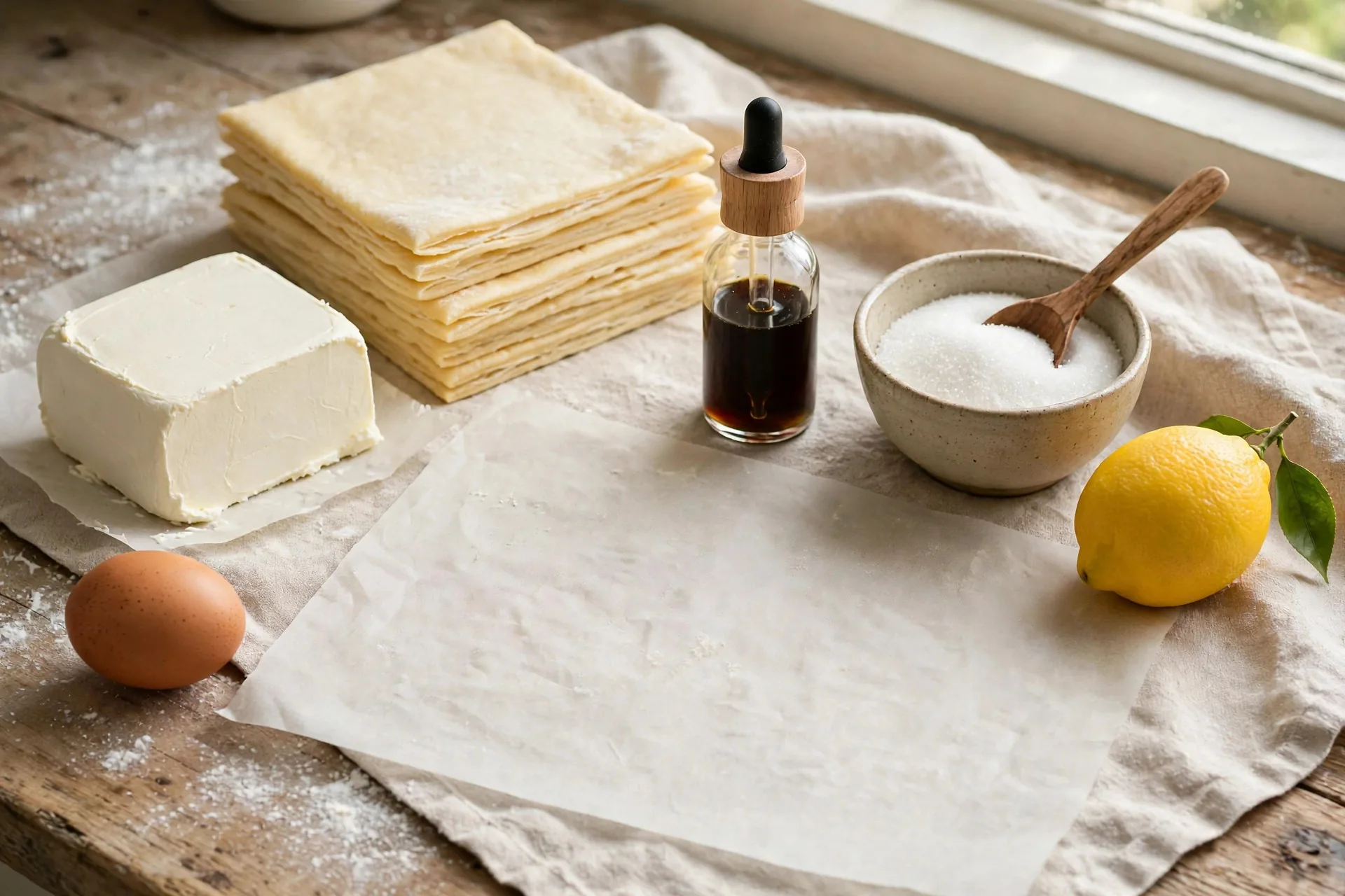 Ingredients for cream cheese danish pastries including puff pastry, cream cheese, egg, sugar, vanilla, and lemon