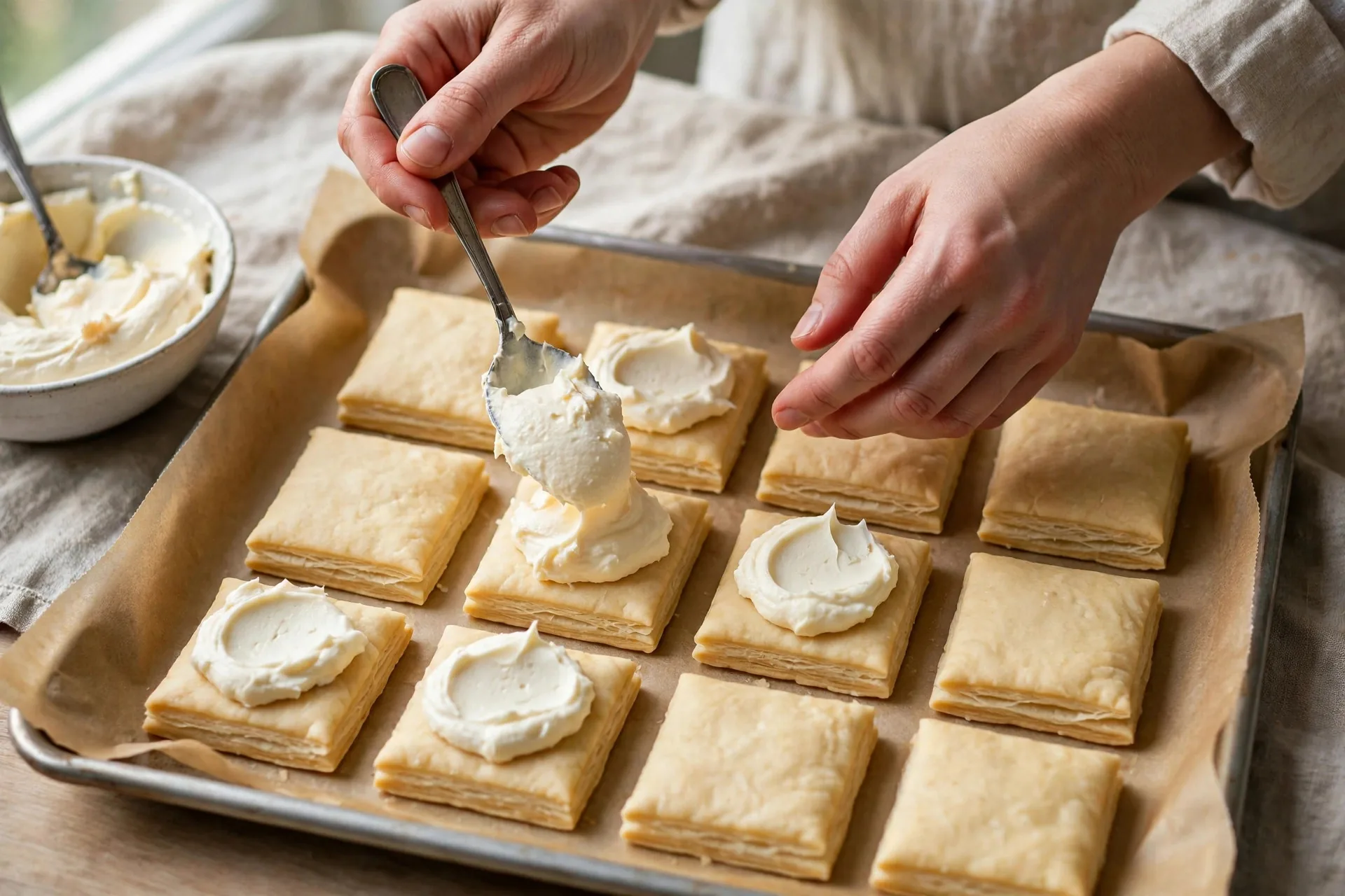 Hands spooning cream cheese filling onto squares of puff pastry on a baking sheet