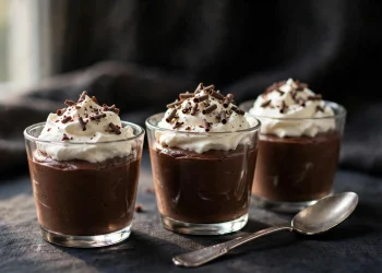 Dark chocolate mousse in glasses topped with whipped cream and shavings