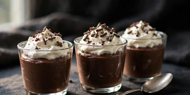 Dark chocolate mousse in glasses topped with whipped cream and shavings