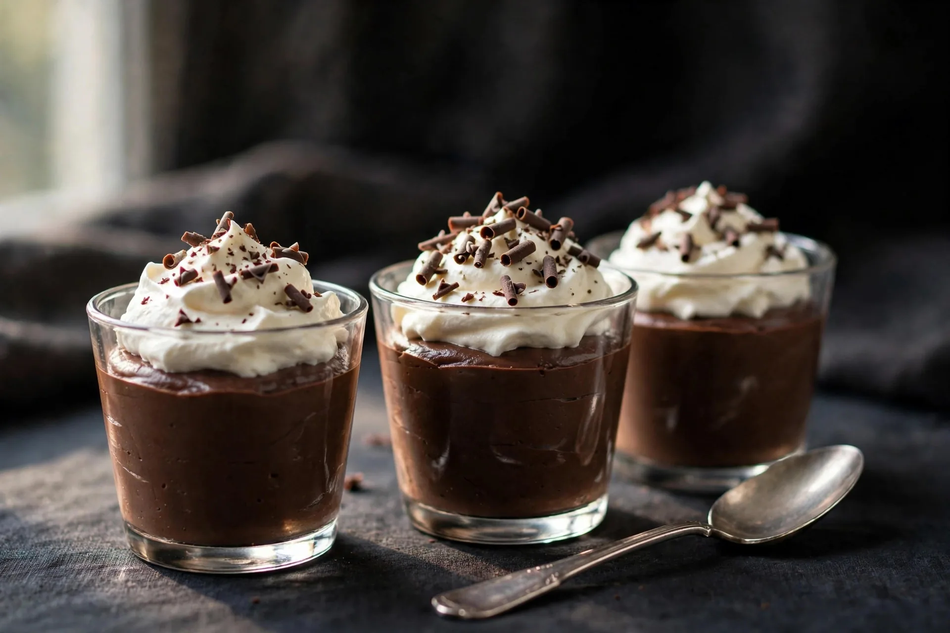 Dark chocolate mousse in glasses with whipped cream and shavings