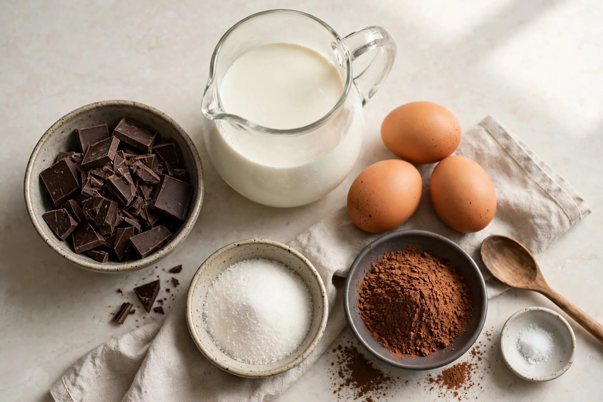 Dark chocolate, heavy cream, eggs, sugar, and cocoa for chocolate mousse