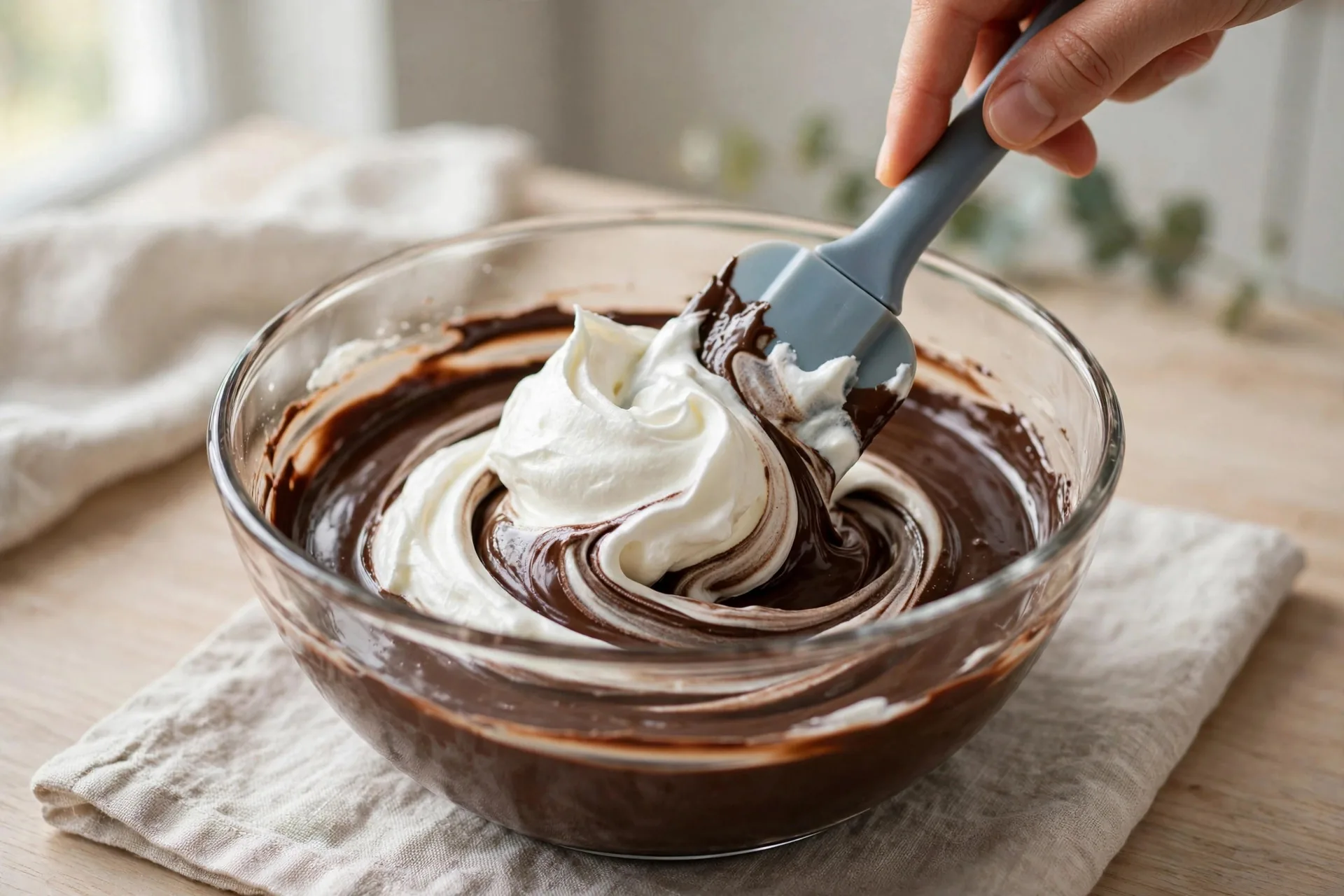 Folding whipped cream into melted dark chocolate in a bowl