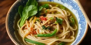 A bowl of noodle soup with green vegetables and herbs, served in a patterned blue and white bowl on a wooden table with chopsticks on the edge, evokes the comforting flavors of a classic phat si-io recipe.