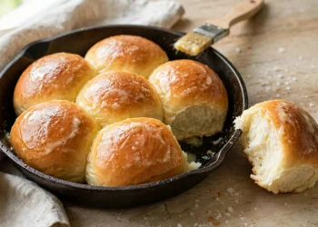 Pan of soft golden dinner rolls brushed with melted butter, one roll pulled out showing fluffy interior