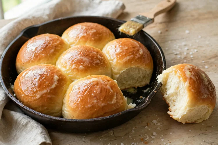 Pan of soft golden dinner rolls brushed with melted butter, one roll pulled out showing fluffy interior