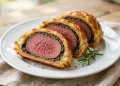 Sliced beef Wellington with medium-rare center wrapped in golden puff pastry
