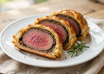 Sliced beef Wellington with medium-rare center wrapped in golden puff pastry