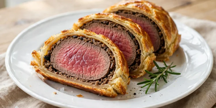 Sliced beef Wellington with medium-rare center wrapped in golden puff pastry