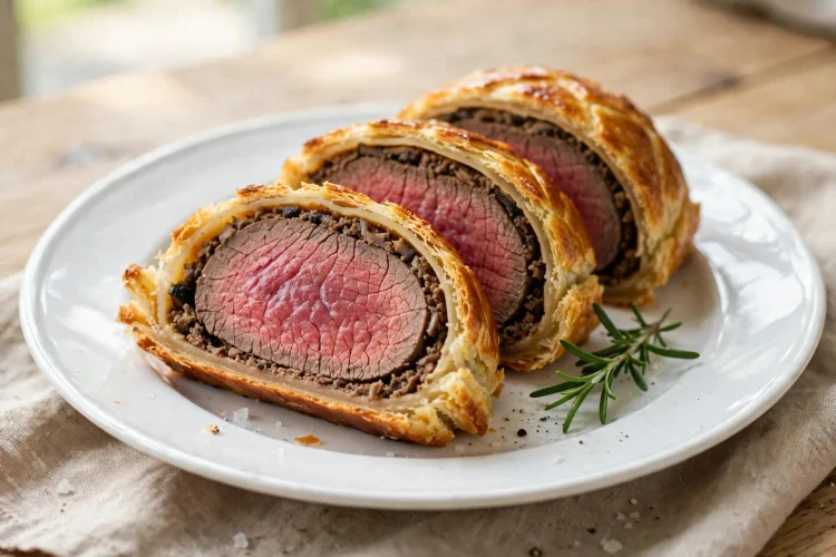 Sliced beef Wellington with medium-rare center wrapped in golden puff pastry