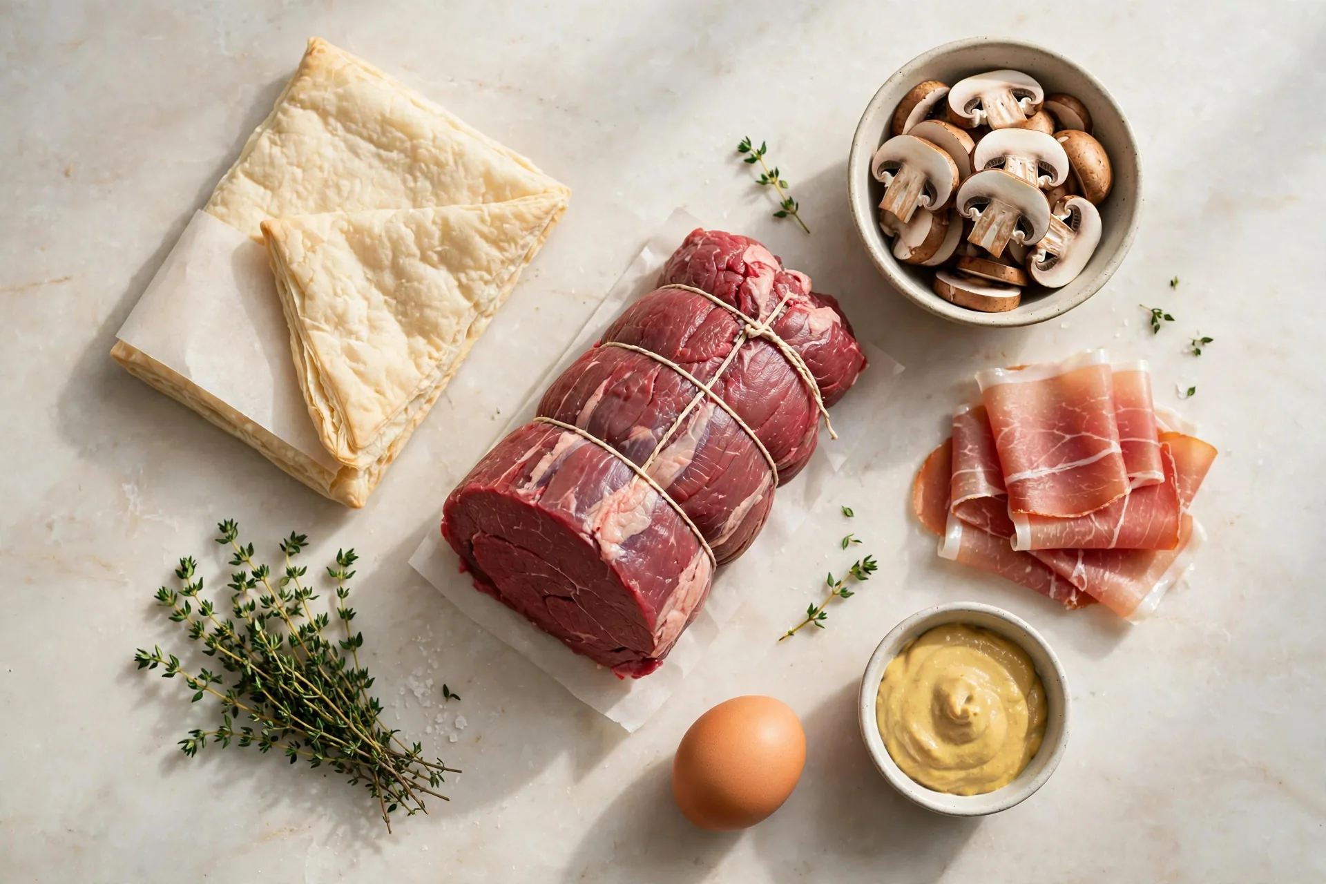 Beef tenderloin, puff pastry, mushrooms, prosciutto and Dijon mustard