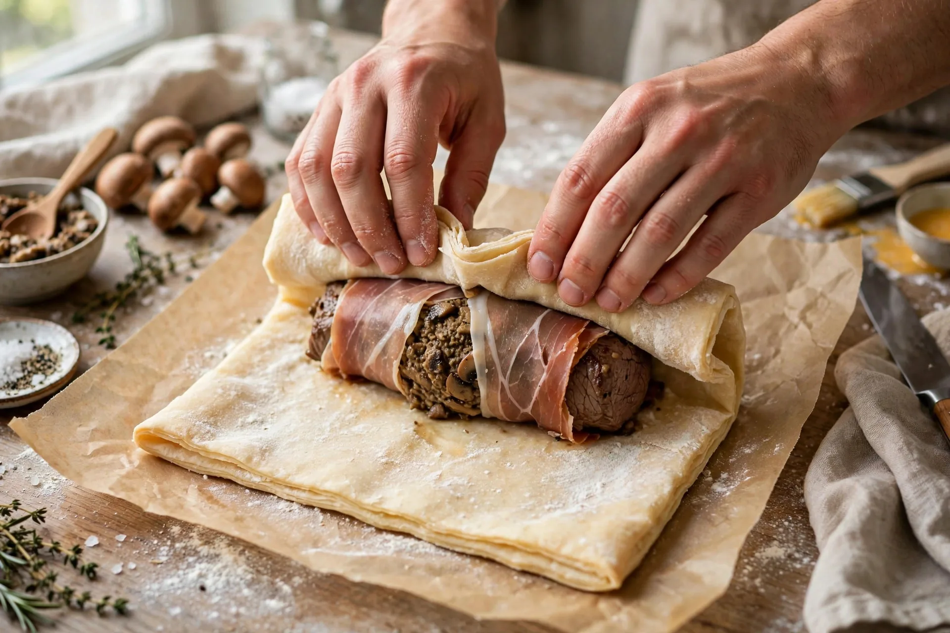 Hands rolling beef tenderloin wrapped in prosciutto and mushrooms inside puff pastry