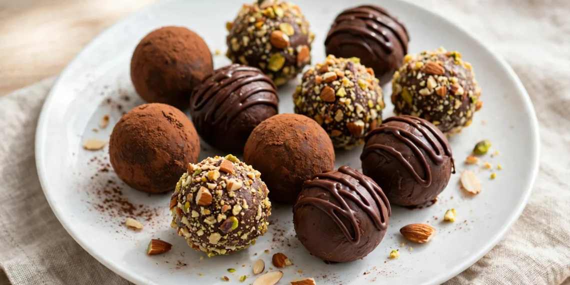 Homemade chocolate truffles with cocoa, nut and drizzle coatings on a white plate