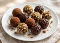 Homemade chocolate truffles with cocoa, nut and drizzle coatings on a white plate