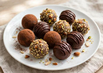 Homemade chocolate truffles with cocoa, nut and drizzle coatings on a white plate