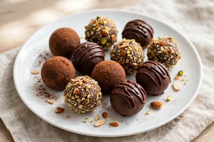 Homemade chocolate truffles with cocoa, nut and drizzle coatings on a white plate