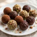 Homemade chocolate truffles with cocoa, nut and drizzle coatings on a white plate