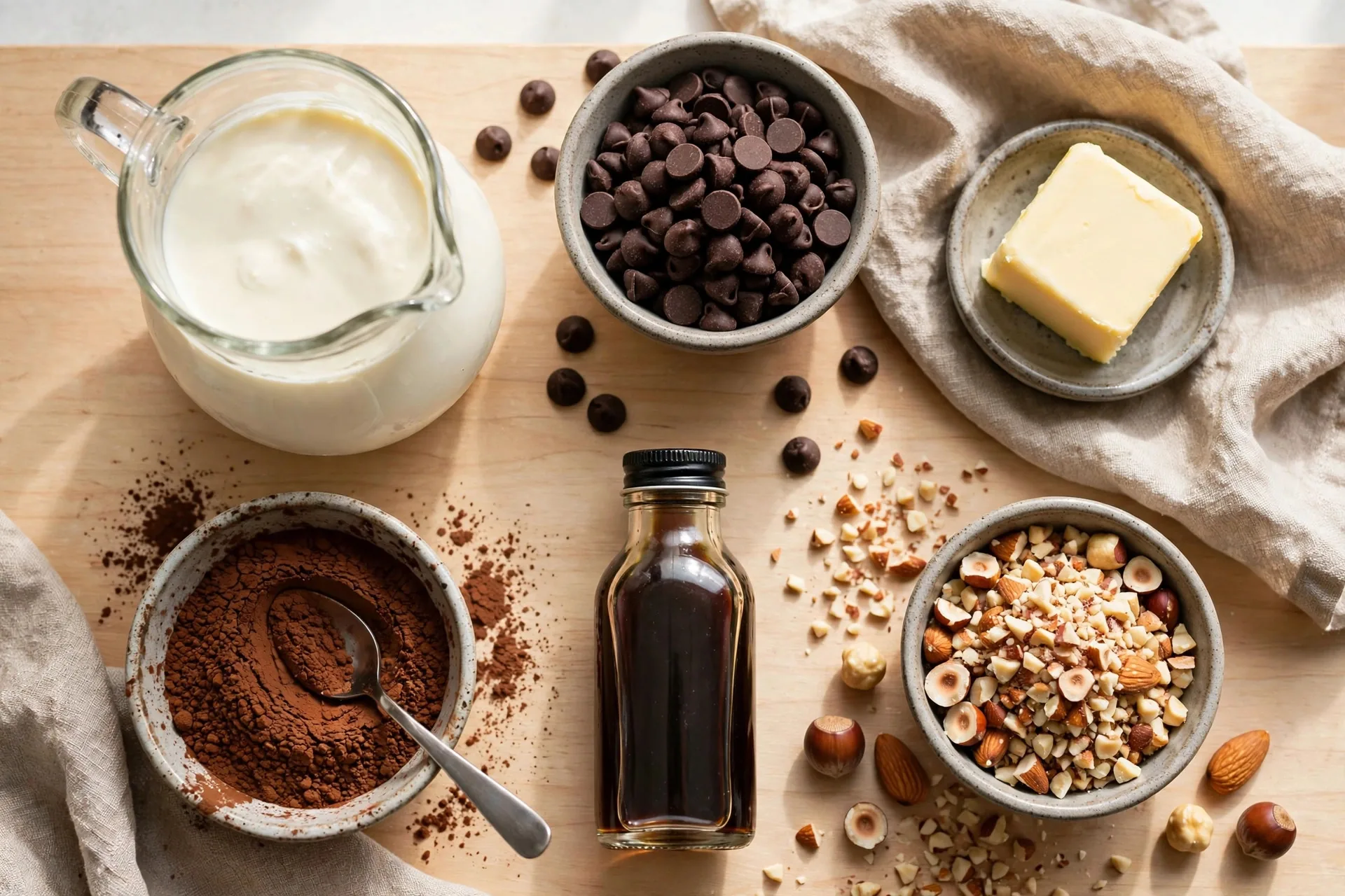 Ingredients for chocolate truffles: dark chocolate, heavy cream, butter, and cocoa powder