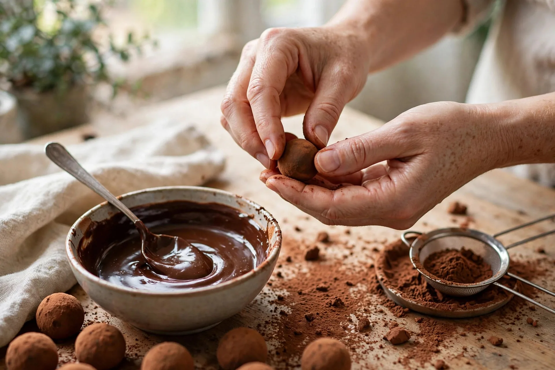 Hands rolling chocolate ganache into truffle balls