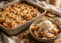 Homemade apple crisp with vanilla ice cream in a rustic baking dish