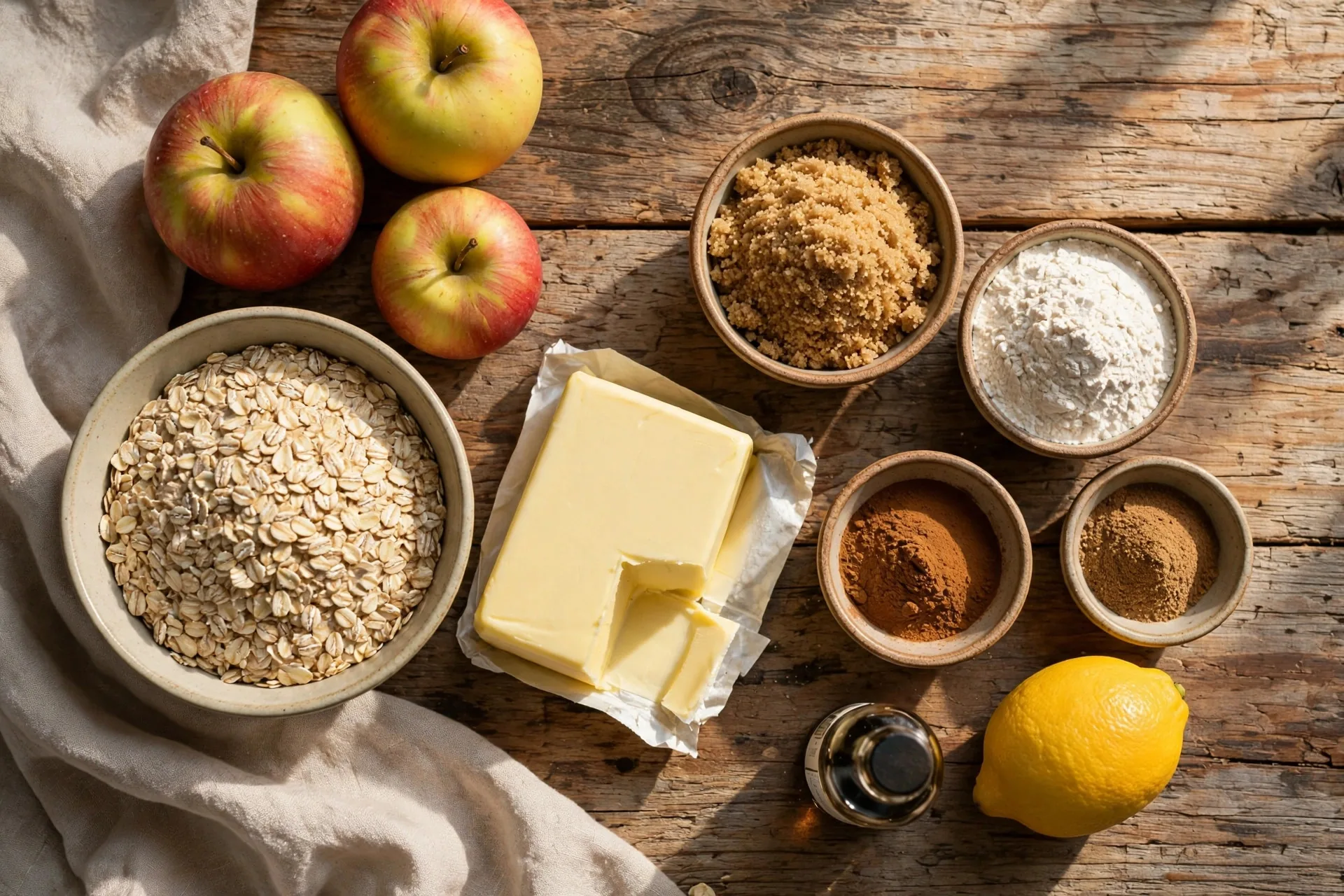Apples, oats, butter, and spices for homemade apple crisp