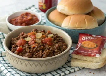 A bowl of seasoned ground beef with tomatoes and onions sits next to sandwich buns, a packet of cheese sauce, and salsa—perfect for an easy sloppy joe recipe with just 3 ingredients on a checkered cloth.