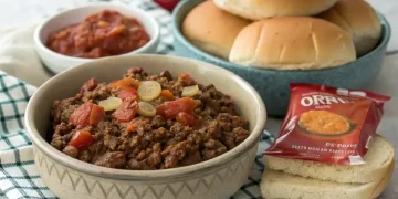 A bowl of seasoned ground beef with tomatoes and onions sits next to sandwich buns, a packet of cheese sauce, and salsa—perfect for an easy sloppy joe recipe with just 3 ingredients on a checkered cloth.