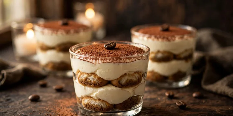 Elegant no-bake tiramisu served in glass dessert cups, dusted with cocoa powder