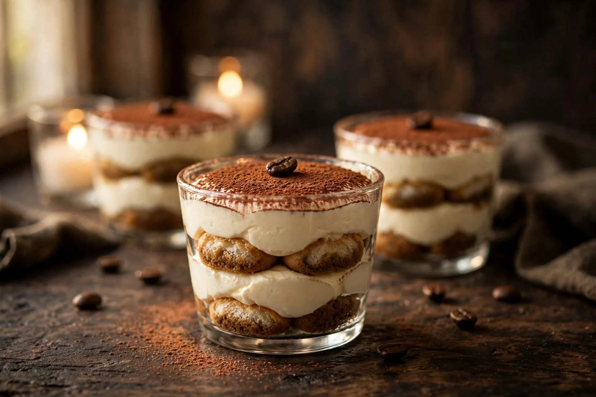 Elegant no-bake tiramisu served in glass dessert cups, dusted with cocoa powder