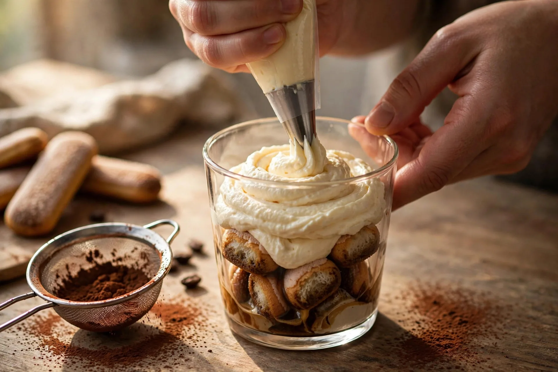 Hands piping mascarpone cream into a glass over coffee-soaked ladyfingers