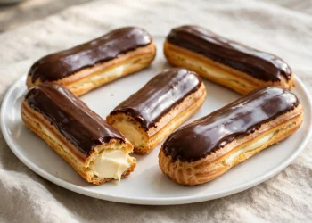 Elegant eclairs with glossy chocolate glaze arranged on a white platter