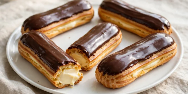 Elegant eclairs with glossy chocolate glaze arranged on a white platter