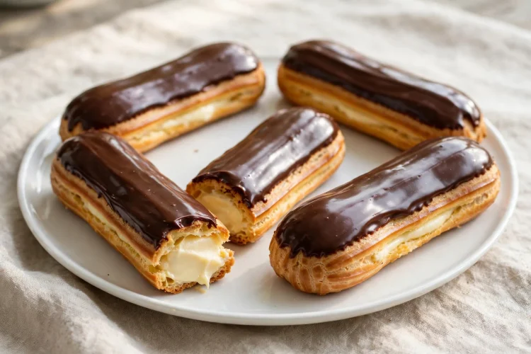 Elegant eclairs with glossy chocolate glaze arranged on a white platter